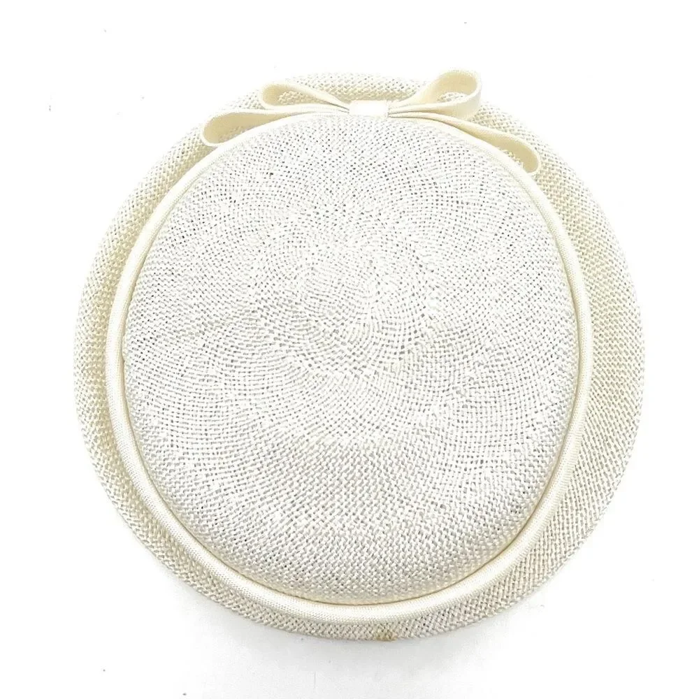 Vintage 1950s Cream Straw Sailor Hat Antique Ivory Boater Skimmer W Bow Detail - Picture 9 of 12